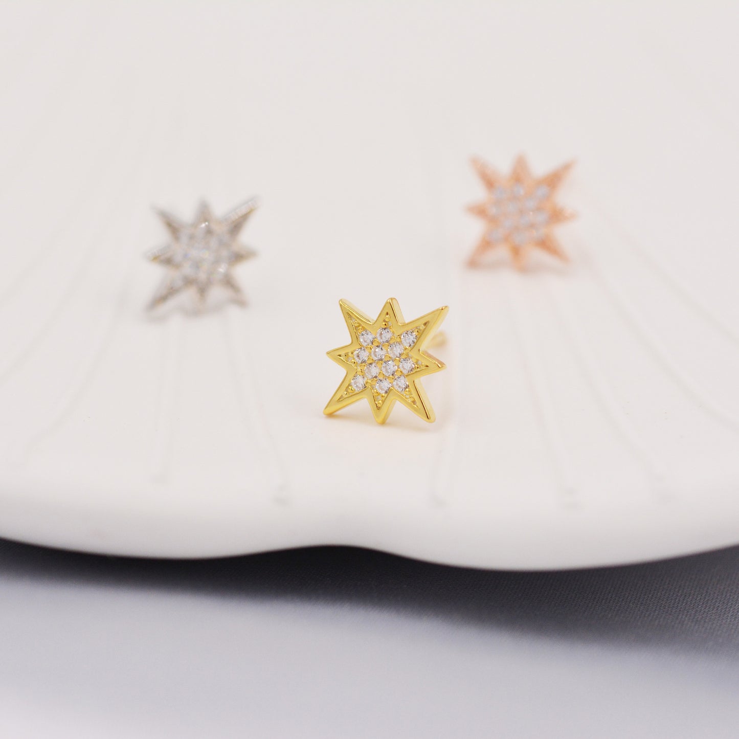 Starburst Stud Earrings in Sterling Silver Pave CZ Crystals, Silver Gold or Rose Gold Dainty and Delicate Earrings, Celestial Jewellery