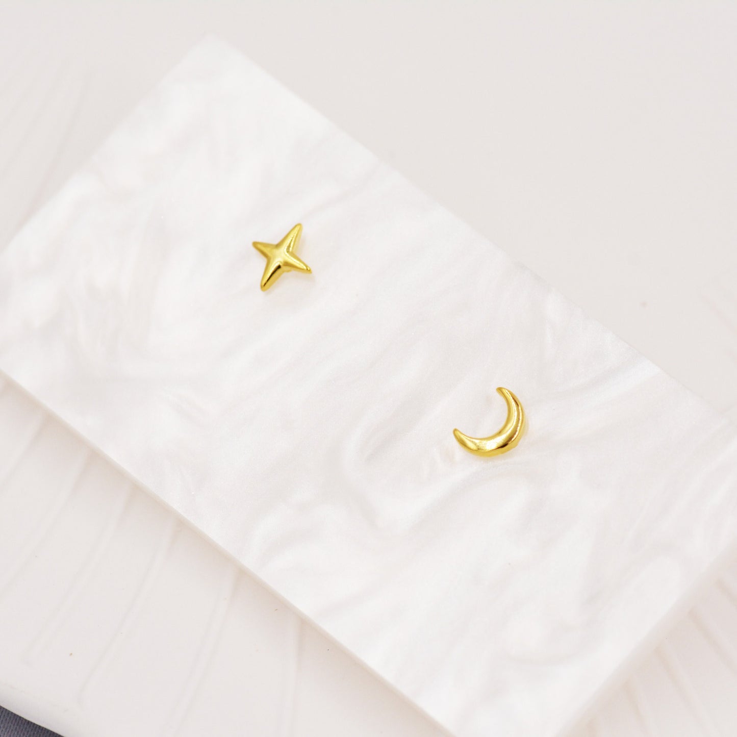 Mismatched Four Point Star and Moon Stud Earrings in Sterling Silver, Crescent Moon Celestial Stud, Polished or Textured, Gold or Silver