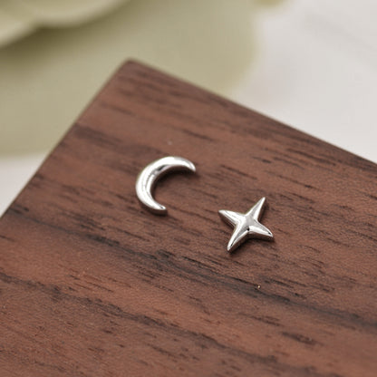 Mismatched Four Point Star and Moon Stud Earrings in Sterling Silver, Crescent Moon Celestial Stud, Polished or Textured, Gold or Silver