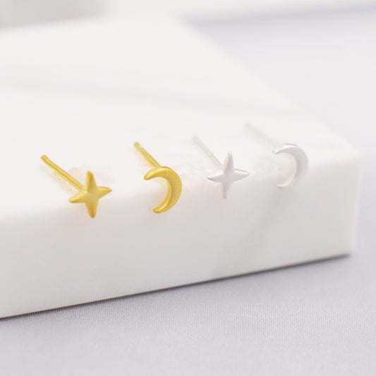 Mismatched Four Point Star and Moon Stud Earrings in Sterling Silver, Crescent Moon Celestial Stud, Polished or Textured, Gold or Silver