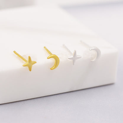 Mismatched Four Point Star and Moon Stud Earrings in Sterling Silver, Crescent Moon Celestial Stud, Polished or Textured, Gold or Silver