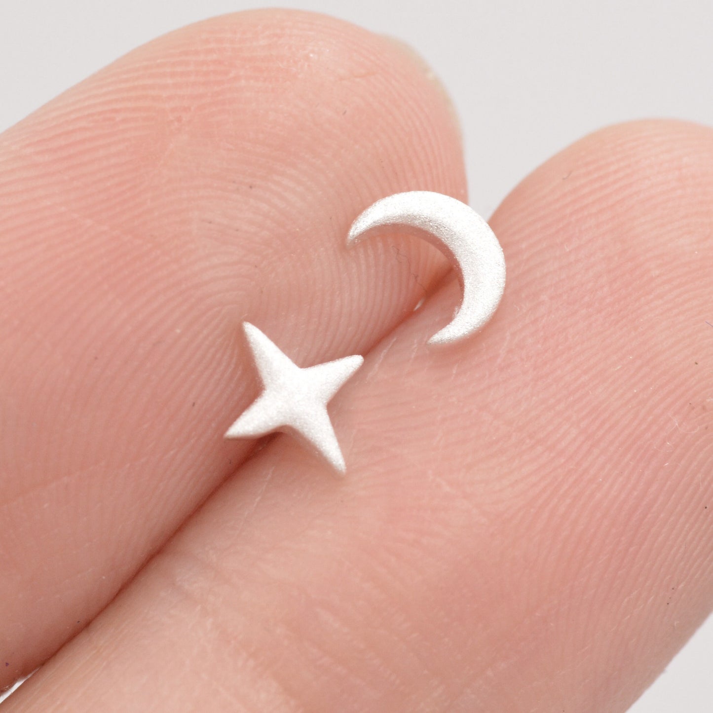 Mismatched Four Point Star and Moon Stud Earrings in Sterling Silver, Crescent Moon Celestial Stud, Polished or Textured, Gold or Silver