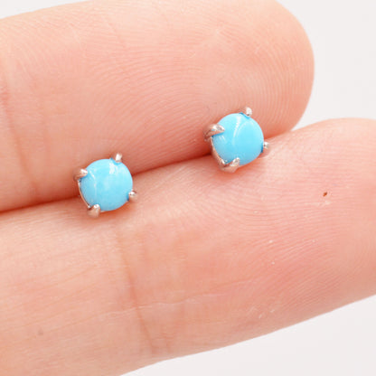 Sterling Silver Turquoise Stud Earrings, 4mm, Genuine Turquoise Gemstone Stud, Turquoise Blue 4 Prongs, Minimalist Style