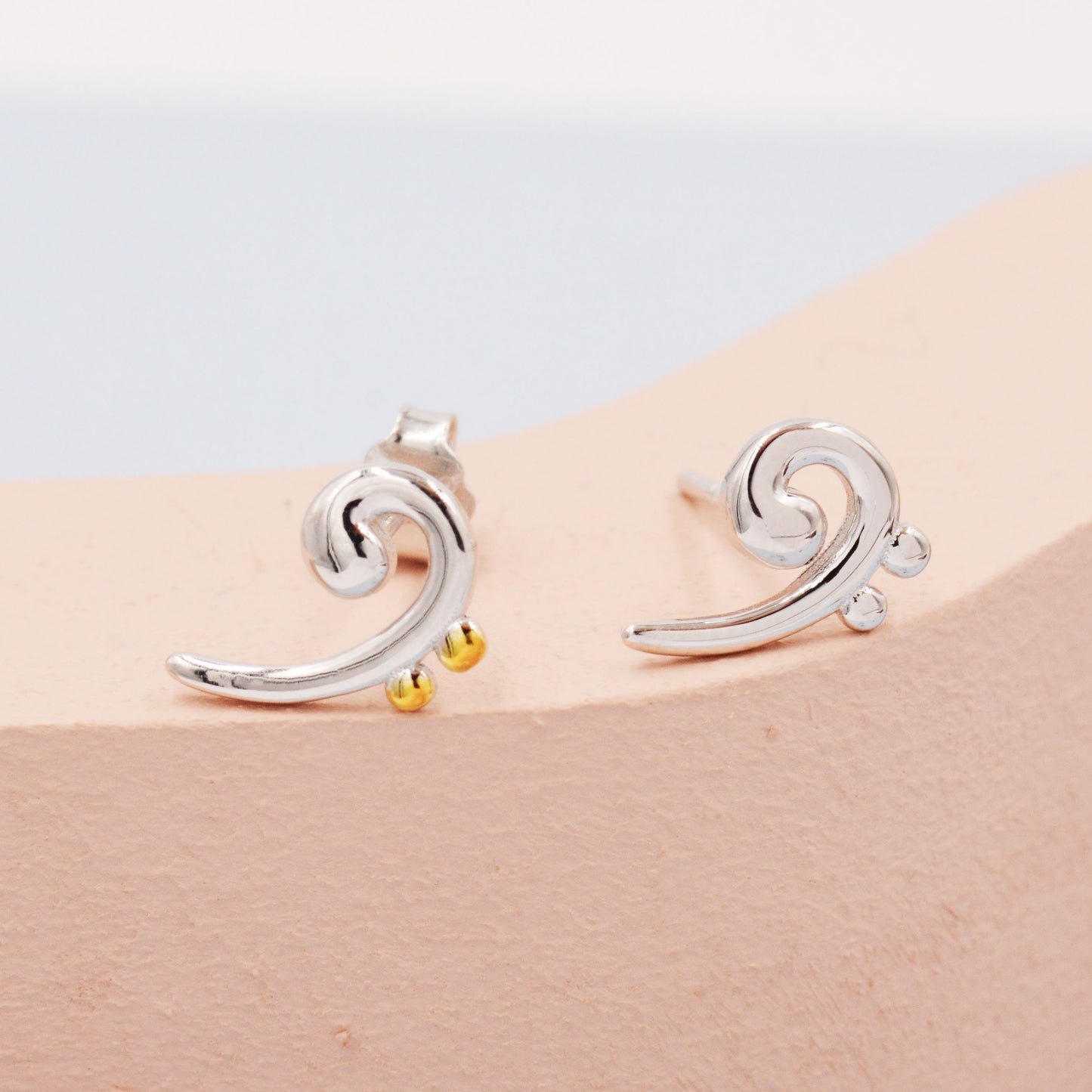 Bass Clef Music Note Stud Earrings in Sterling Silver - Small Pair of Music Earrings