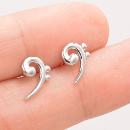 Bass Clef Music Note Stud Earrings in Sterling Silver - Small Pair of Music Earrings