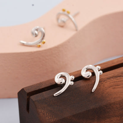 Bass Clef Music Note Stud Earrings in Sterling Silver - Small Pair of Music Earrings