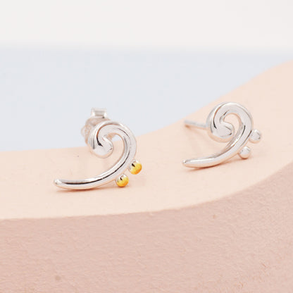 Bass Clef Music Note Stud Earrings in Sterling Silver - Small Pair of Music Earrings