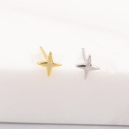 Four Point Star Stud Earrings in Sterling Silver, Tiny Celestial Stud, Polished or Textured, Gold or Silver