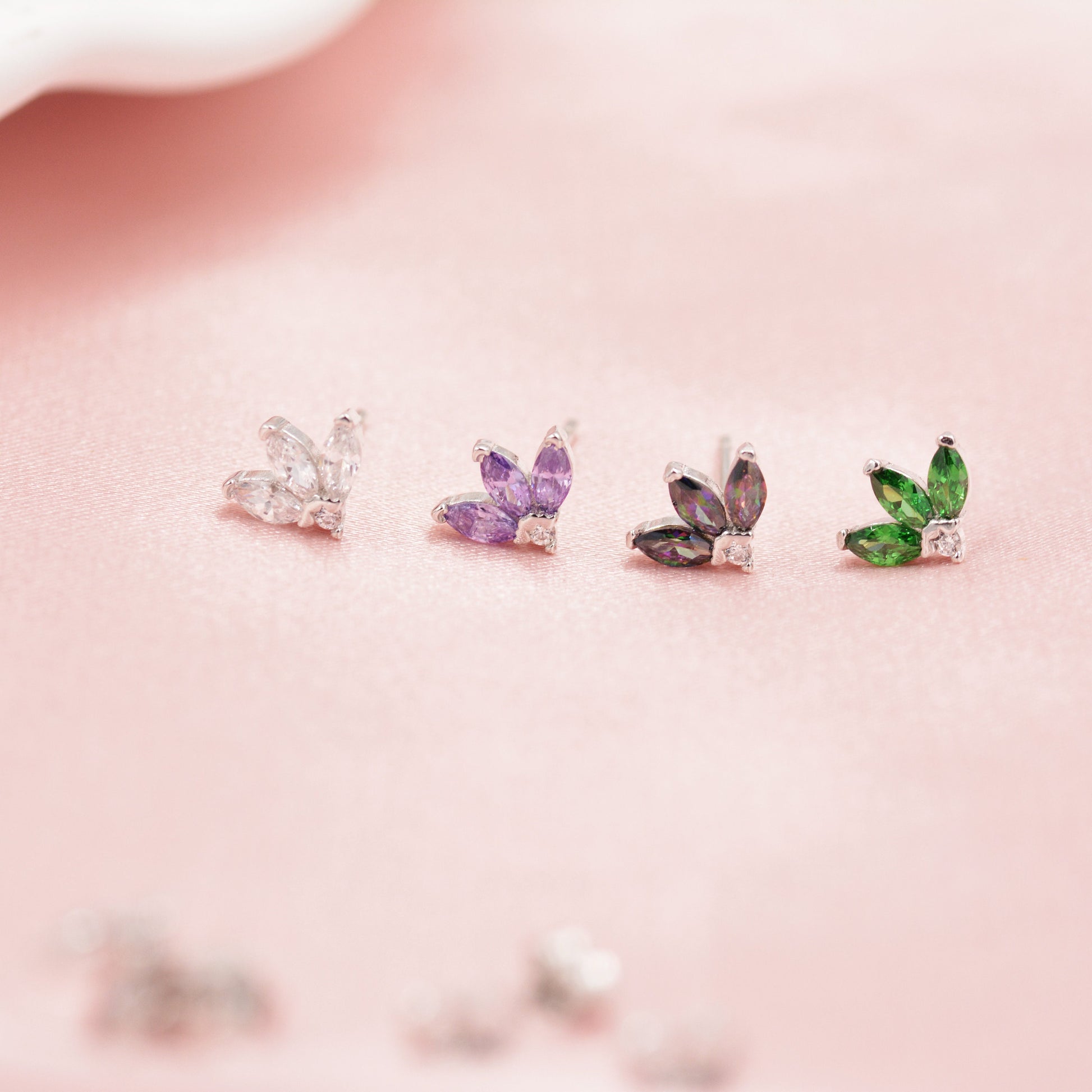 Sterling Silver CZ Marquise Cluster Stud Earrings, Gold or Silver, Marquise Fan Stud, CZ Crown Stud, Three Marquise Stud - Multi Colour