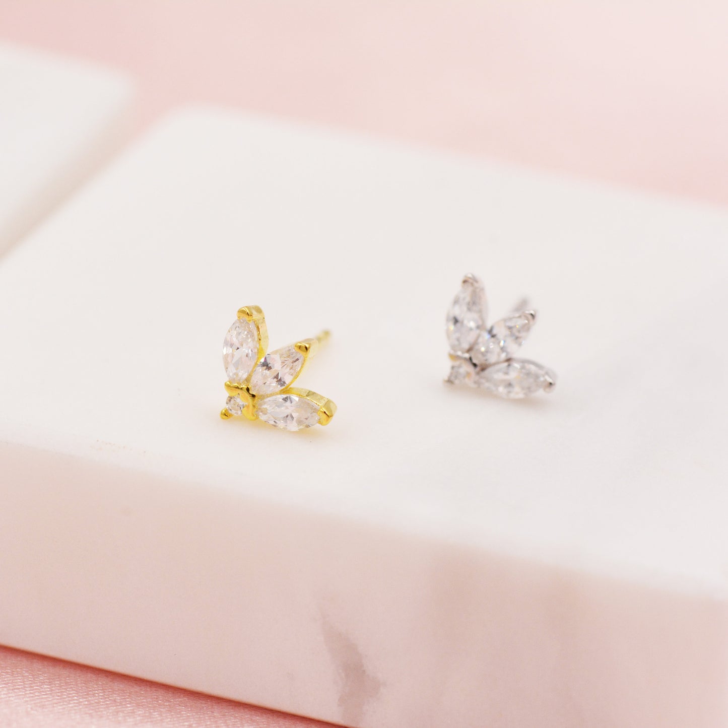 Sterling Silver CZ Marquise Cluster Stud Earrings, Gold or Silver, Marquise Fan Stud, CZ Crown Stud, Three Marquise Stud - Multi Colour