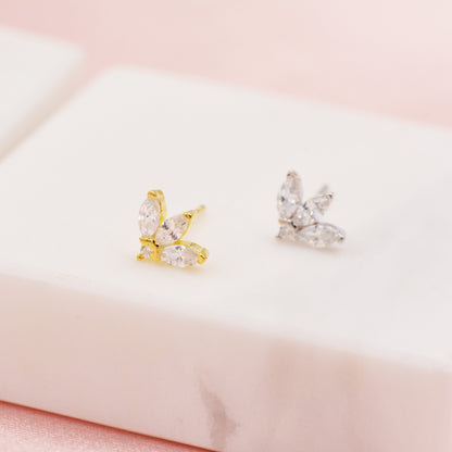 Sterling Silver CZ Marquise Cluster Stud Earrings, Gold or Silver, Marquise Fan Stud, CZ Crown Stud, Three Marquise Stud - Multi Colour