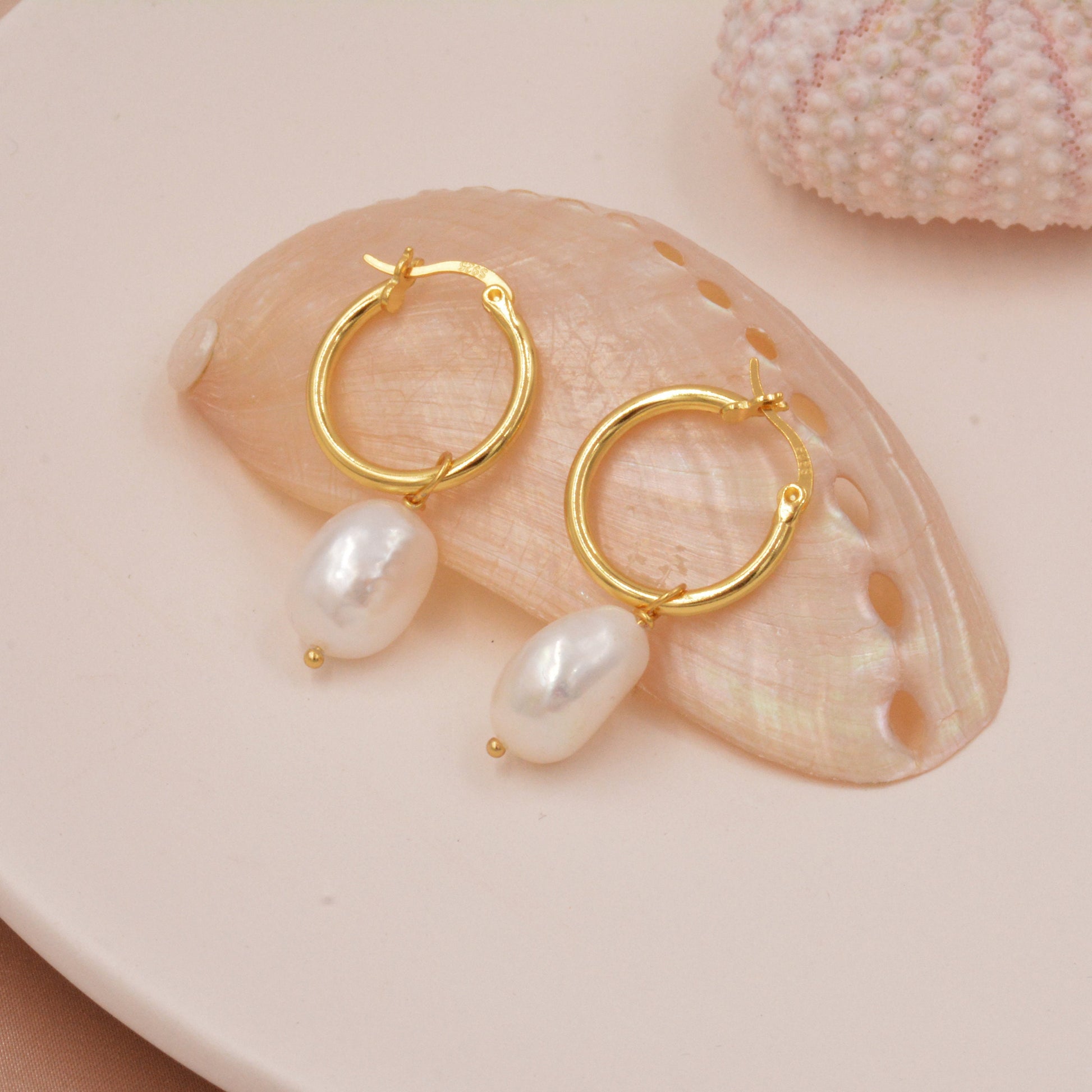 Huggie Hoop Earrings in Sterling Silver with Detachable Baroque Pearl Charms, Plain Hoop Earrings , Two Sizes Available,