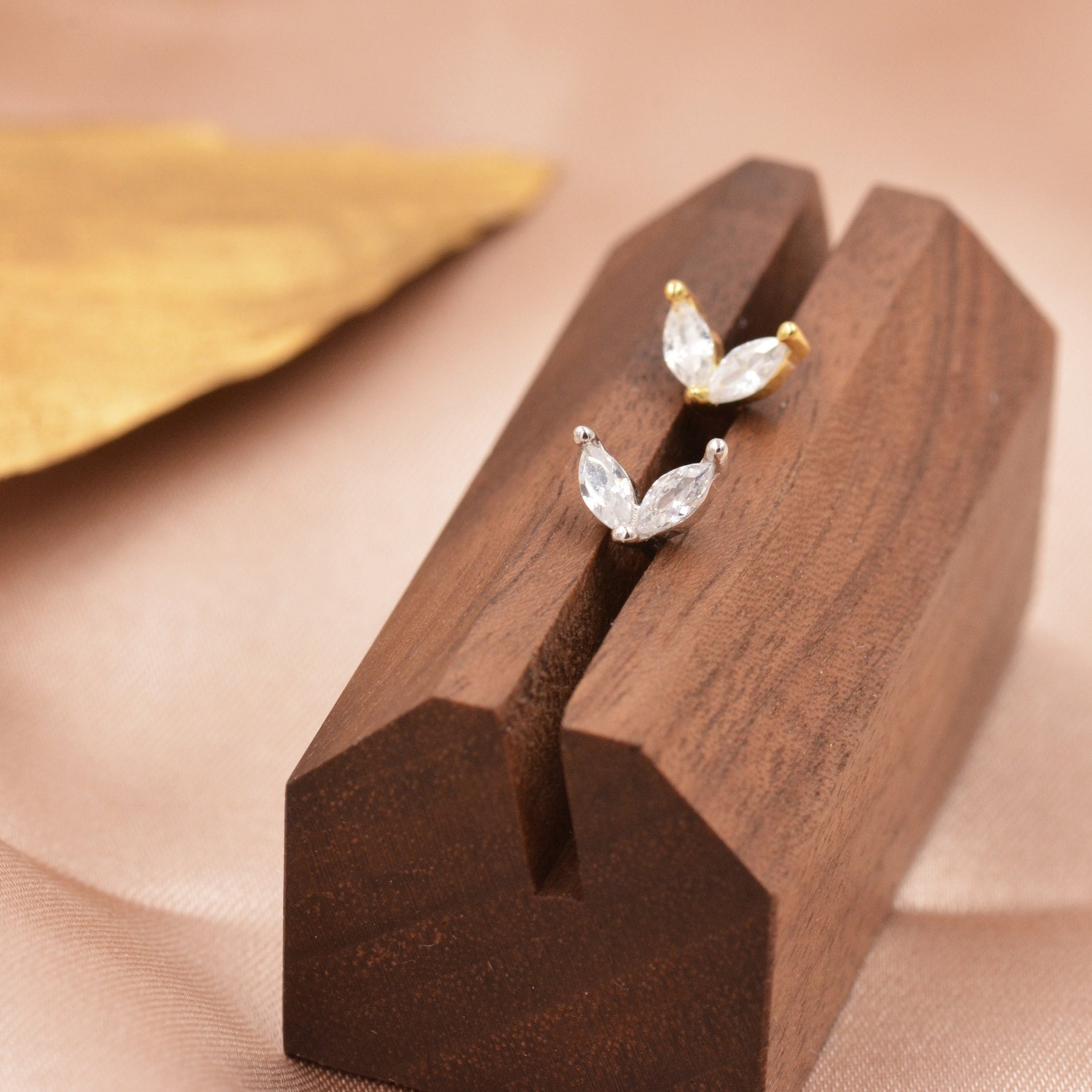 Sterling Silver CZ Marquise Leaf Duo Stud Earrings, Gold or Silver, Marquise Fan Stud, CZ Crown Stud, Two Marquise Stud