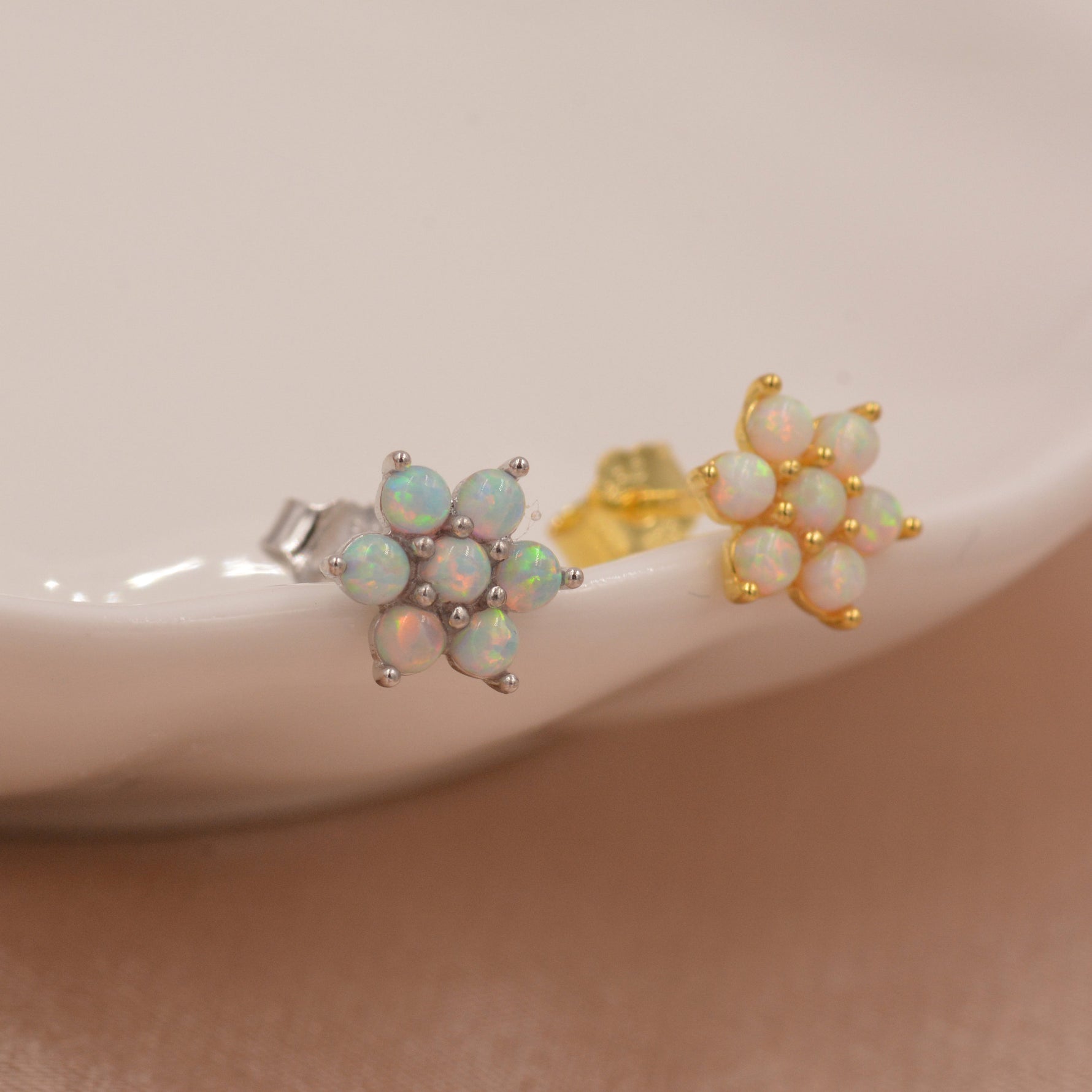 Opal Flower Stud Earrings in Sterling Silver - Gold or Silver - Opal Snowflake - 7 Opal Cluster - Petite Stud Earrings