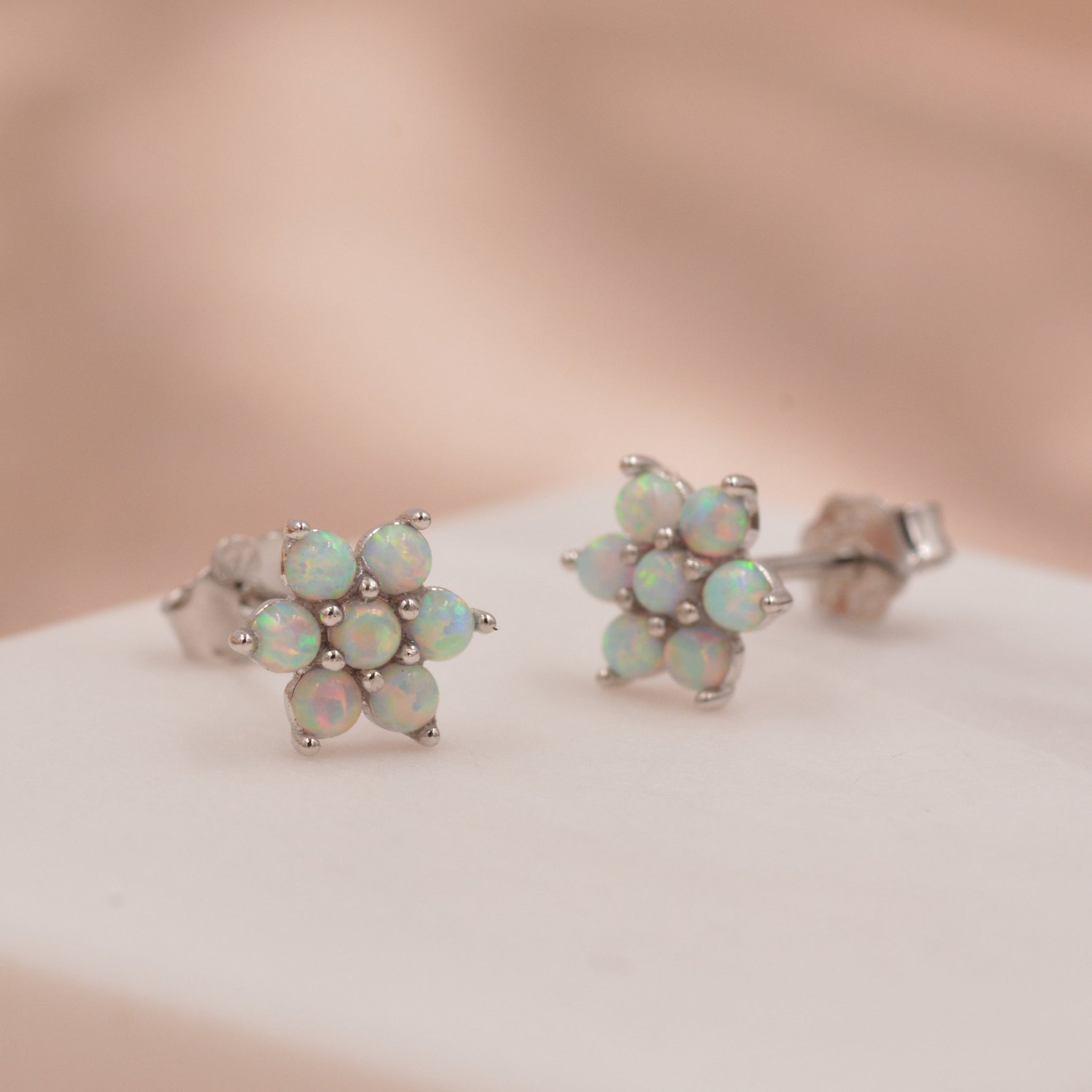 Opal Flower Stud Earrings in Sterling Silver - Gold or Silver - Opal Snowflake - 7 Opal Cluster - Petite Stud Earrings