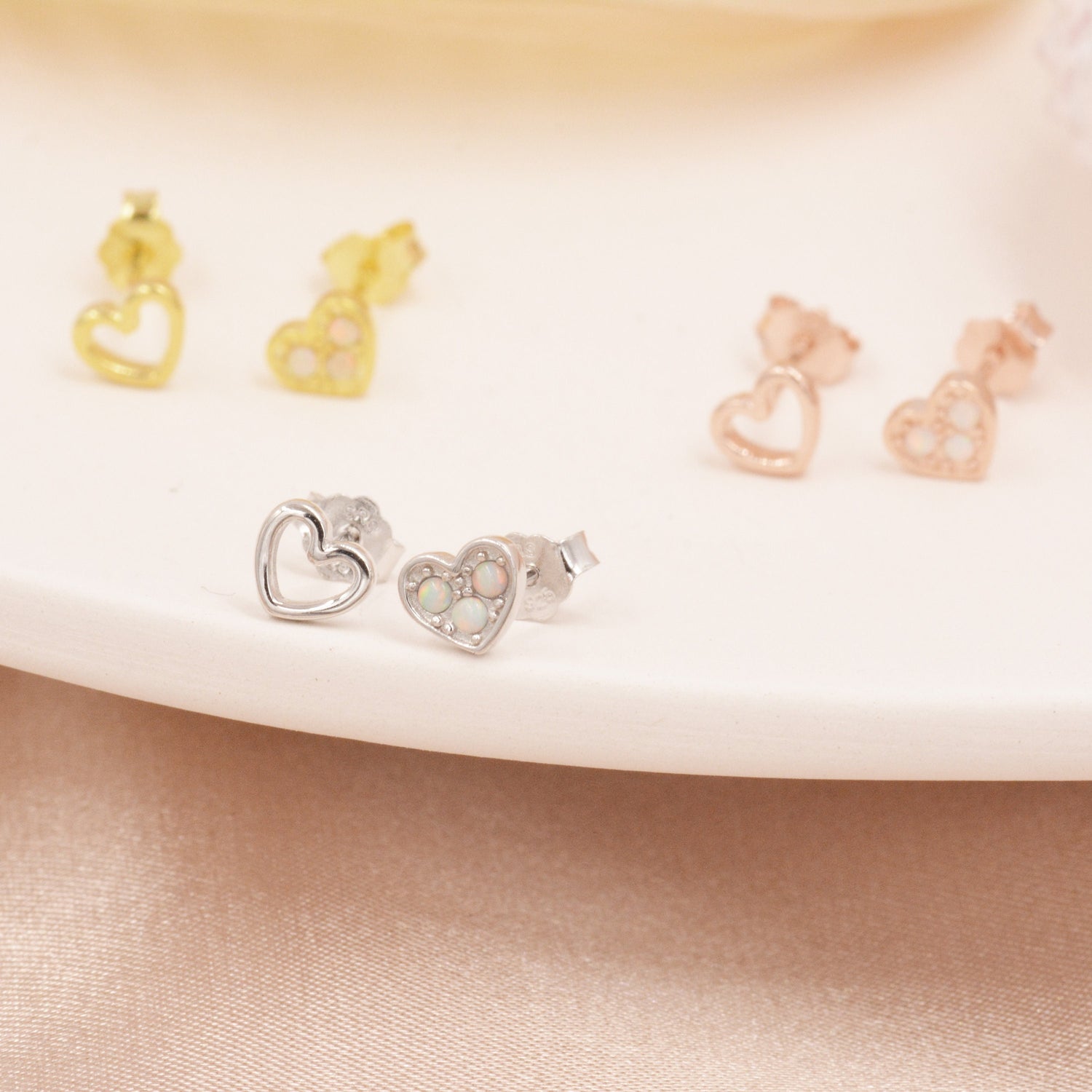 Extra Tiny Opal Heart and Open Heart Mismatched Stud Earrings in Sterling Silver - Gold, Rose Gold and Silver Petite Stud Earrings