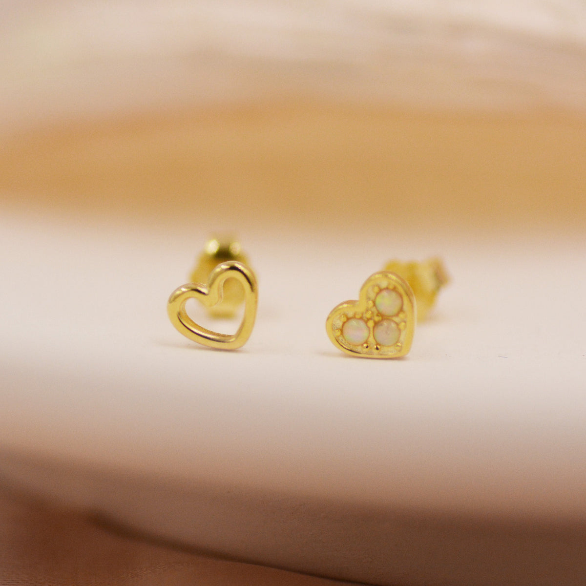 Tiny Opal Heart Mismatched Stud Earrings