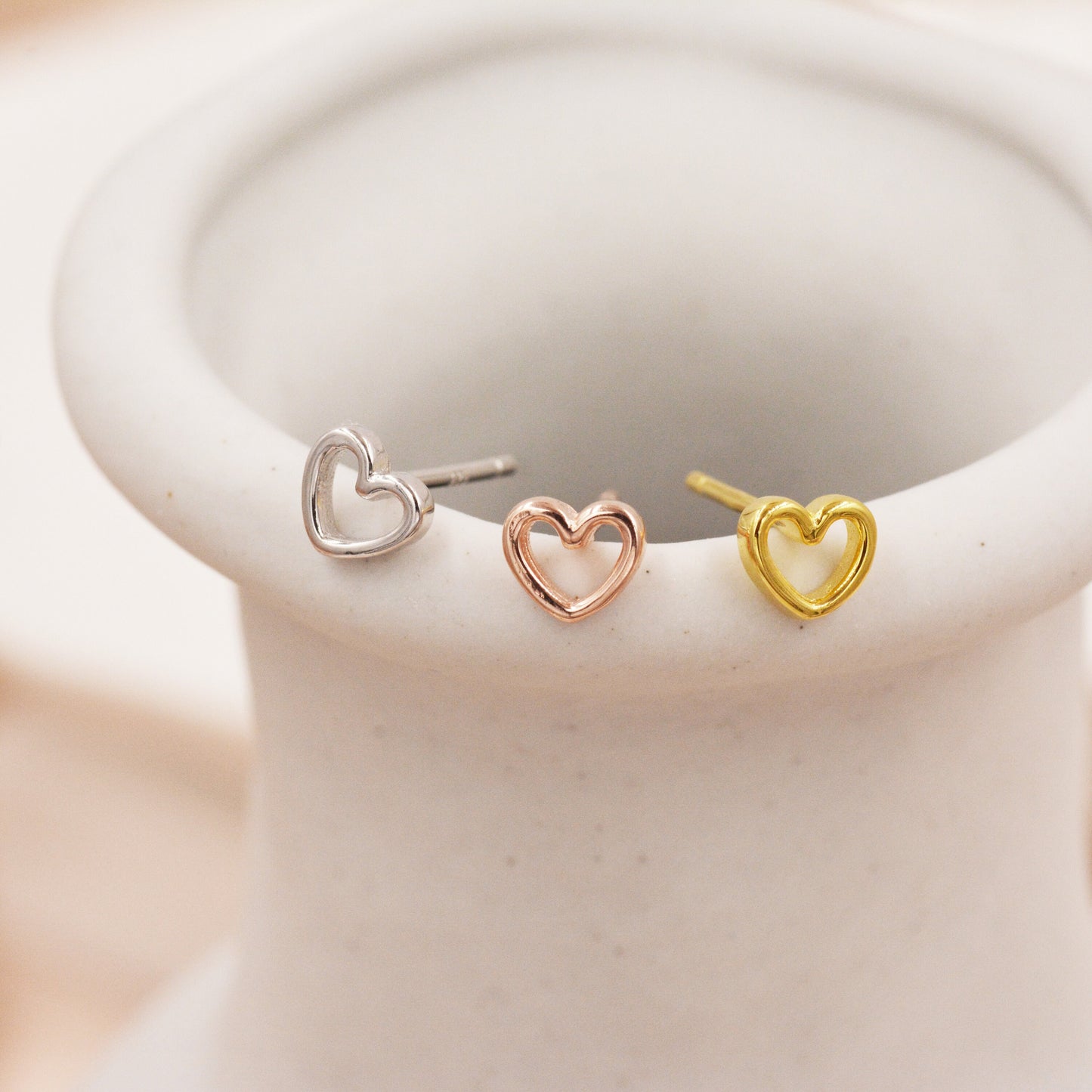 Extra Tiny Open Heart Stud Earrings in Sterling Silver - Gold, Rose Gold and Silver, Petite Stud Earrings