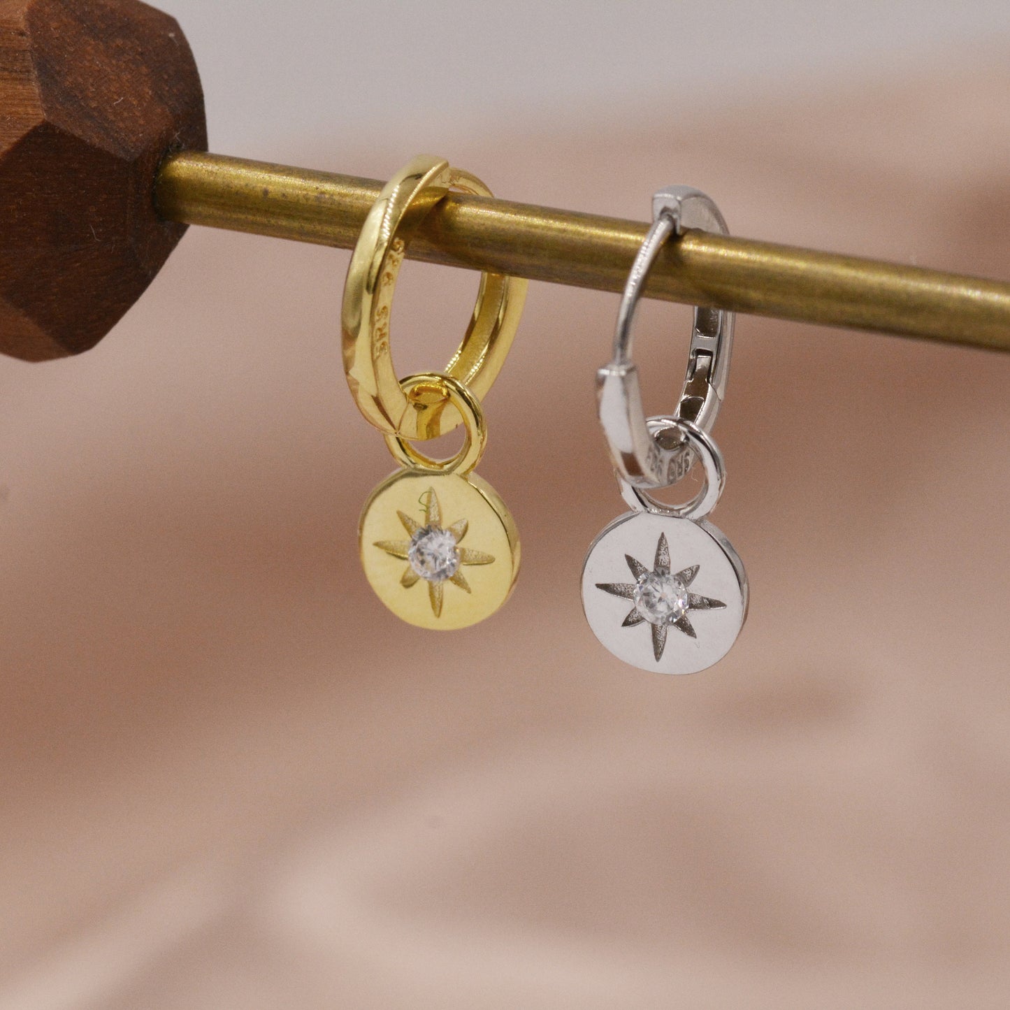 Starburst Disk Charm Huggie Hoop Earrings in Sterling Silver with Detachable Coin Charms, North Star Celestial Geometric Design