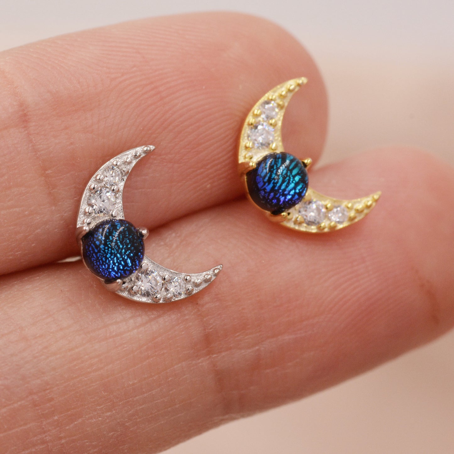 Crescent Moon Stud Earrings in Sterling Silver with Dark Blue Dichroic Glass, Galaxy Blue Moon Stud , Silver or Gold