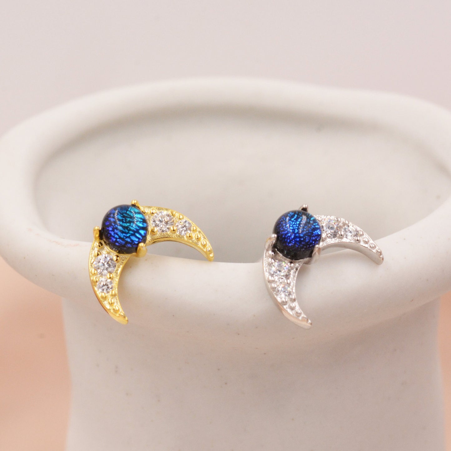 Crescent Moon Stud Earrings in Sterling Silver with Dark Blue Dichroic Glass, Galaxy Blue Moon Stud , Silver or Gold