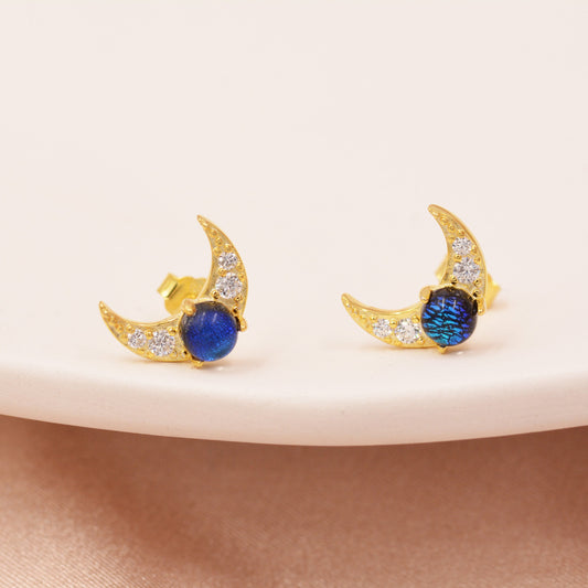 Crescent Moon Stud Earrings in Sterling Silver with Dark Blue Dichroic Glass, Galaxy Blue Moon Stud , Silver or Gold