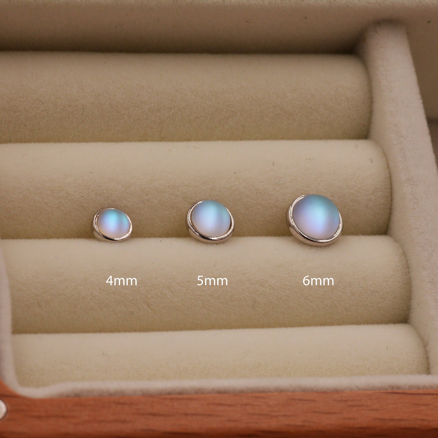 Blue Flash Lab Moonstone Crystal Stud Earrings in Sterling Silver, 4mm 5mm 6mm Simulated Moonstones, Minimalist Stud