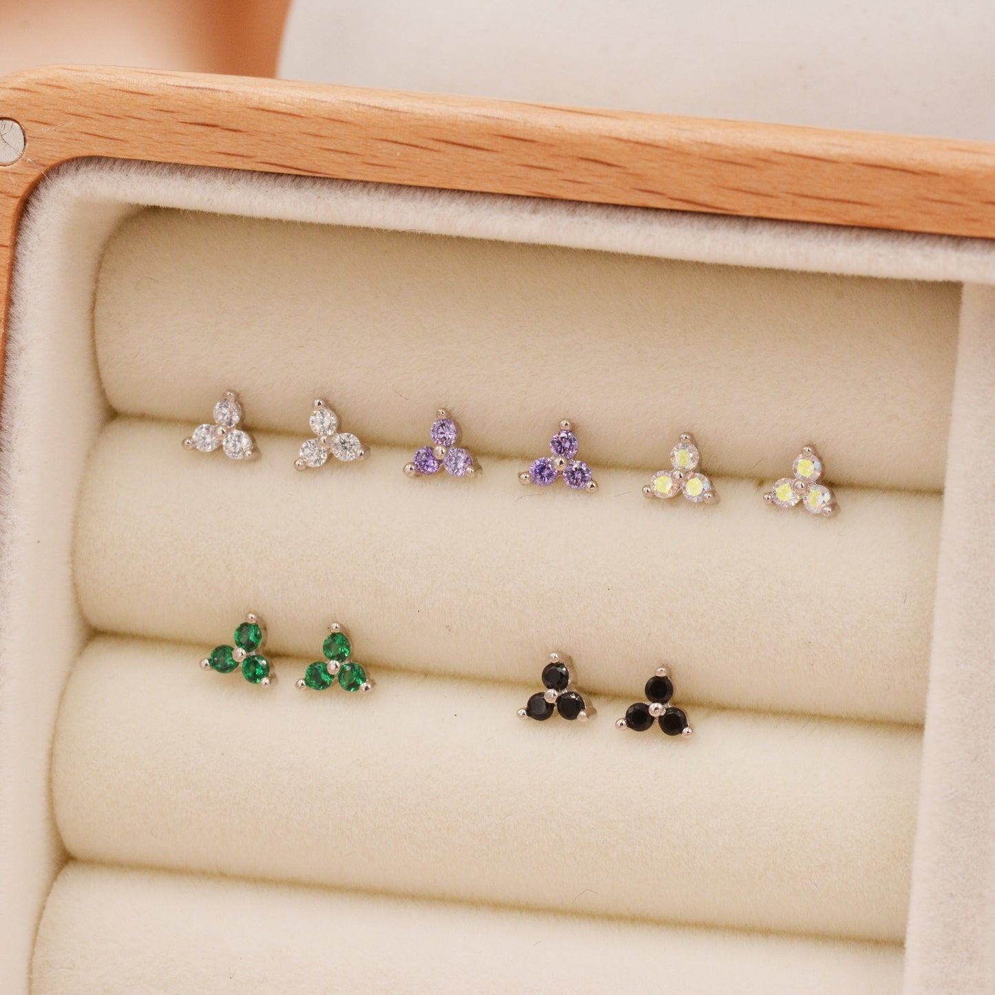 Extra Small Trinity Onyx Black CZ Stud Earrings in Sterling Silver - Gold or Silver