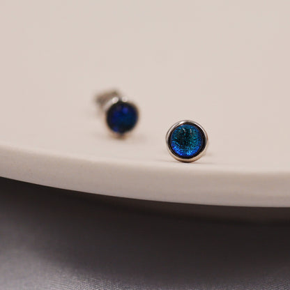 Sterling Silver Gold Dichroic Glass Stud Earrings, 4mm, Glass Crystal Dark Blue - Bezel Setting , Minimalist Style