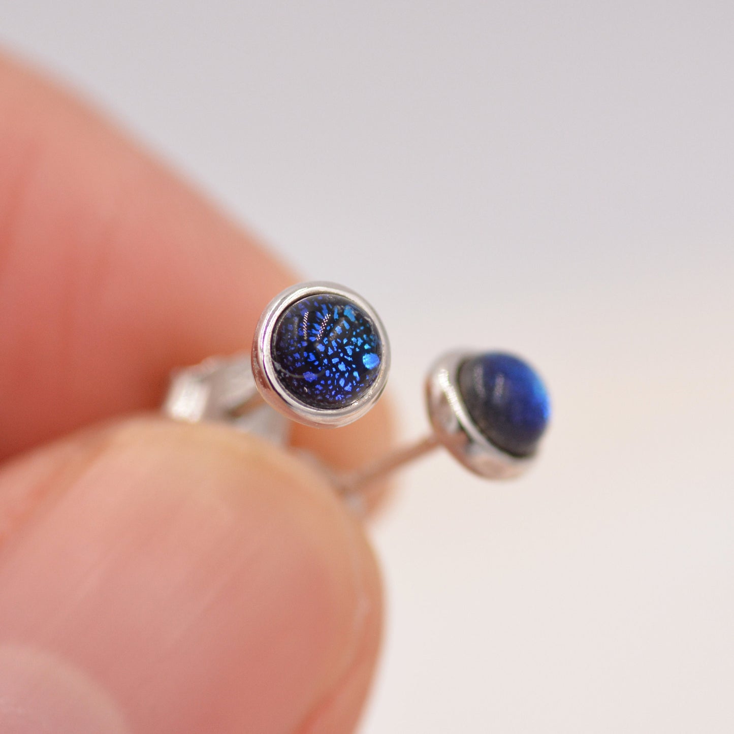 Sterling Silver Gold Dichroic Glass Stud Earrings, 4mm, Glass Crystal Dark Blue - Bezel Setting , Minimalist Style