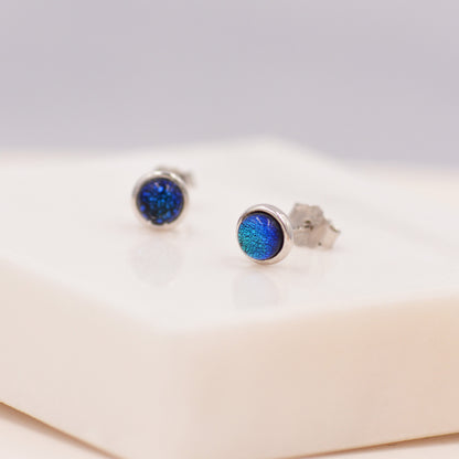 Sterling Silver Gold Dichroic Glass Stud Earrings, 4mm, Glass Crystal Dark Blue - Bezel Setting , Minimalist Style