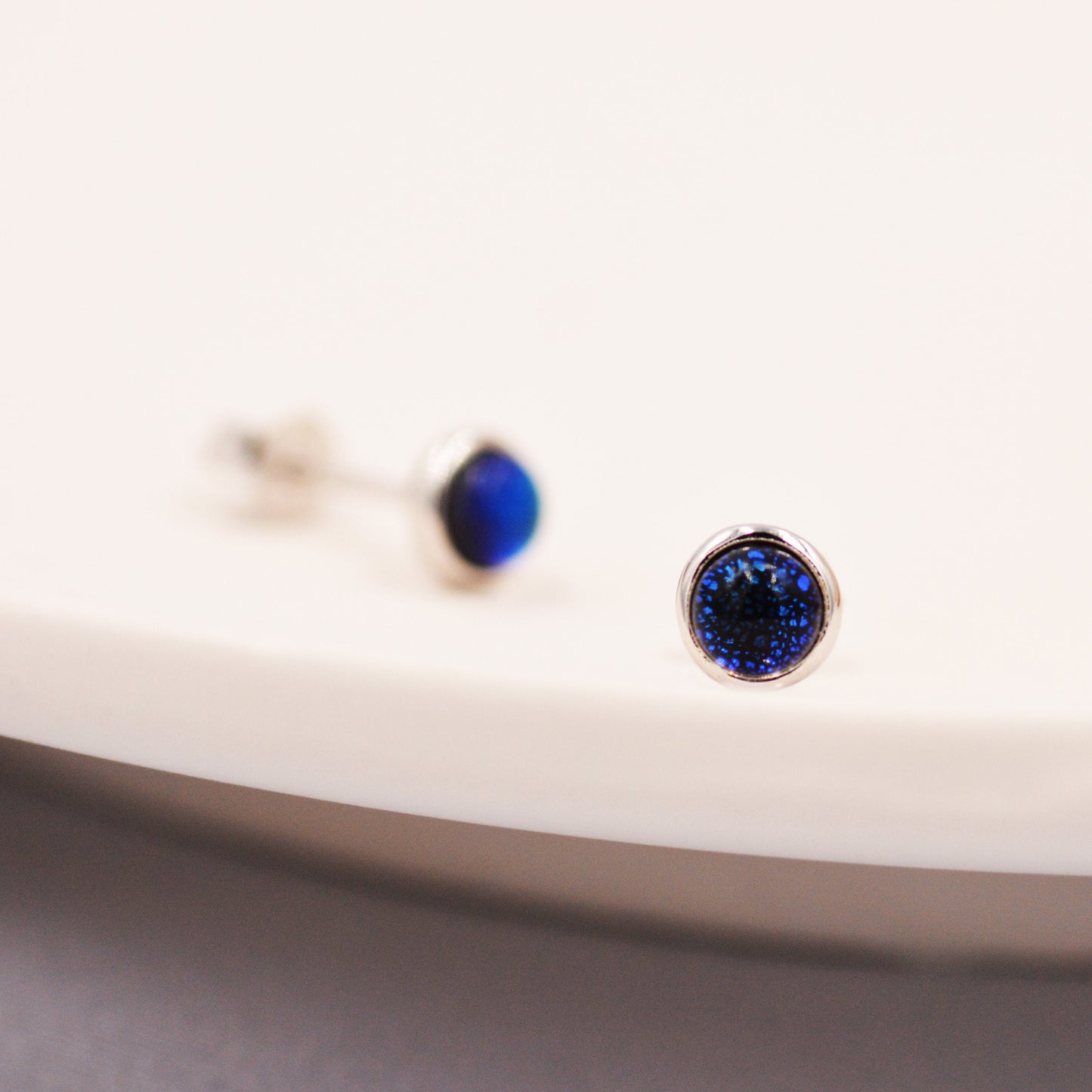 Sterling Silver Gold Dichroic Glass Stud Earrings, 4mm, Glass Crystal Dark Blue - Bezel Setting , Minimalist Style