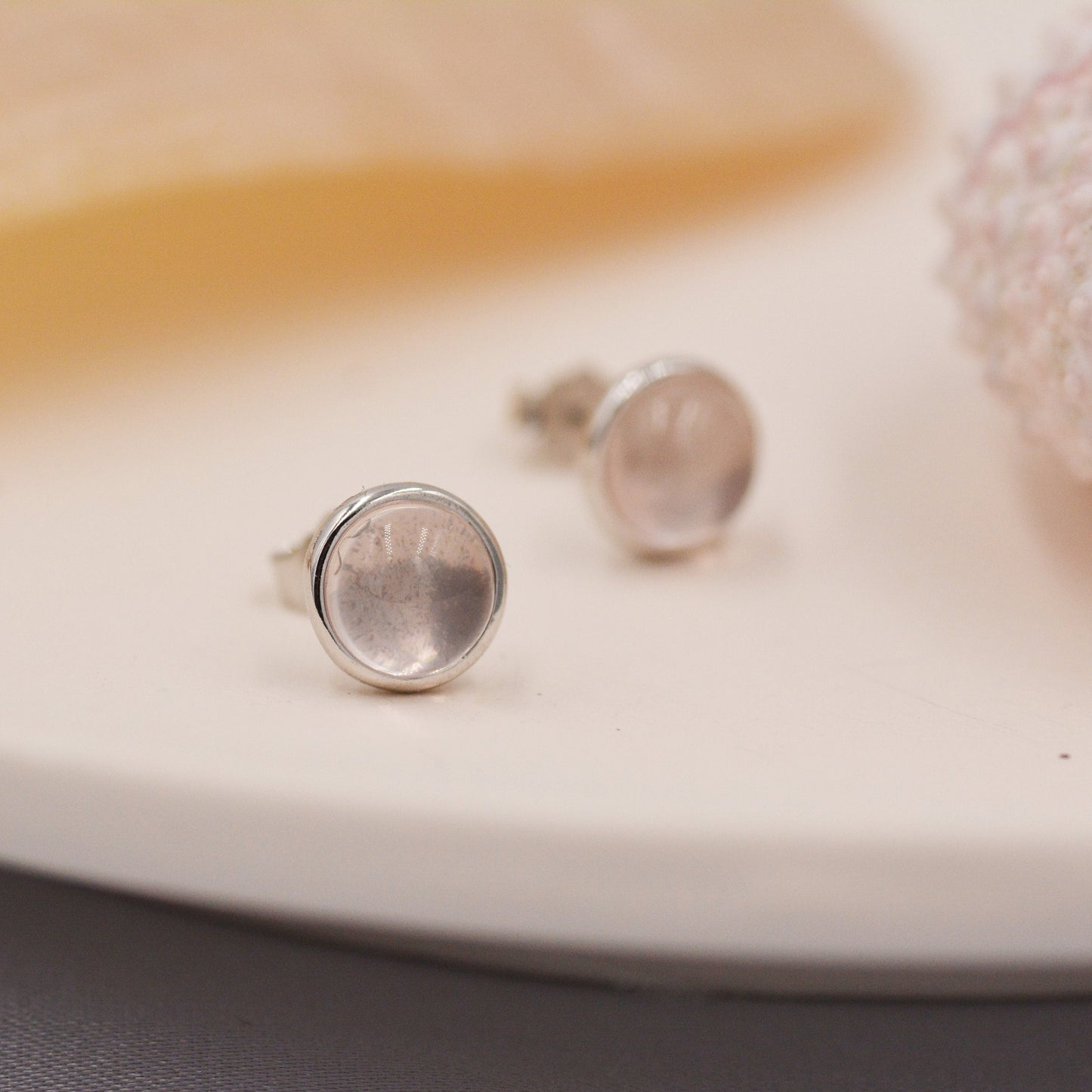 Sterling Silver Natural Quartz Crystal Stud Earrings, 6mm Rose Quartz Stud, Natural Semi-Precious Gemstones