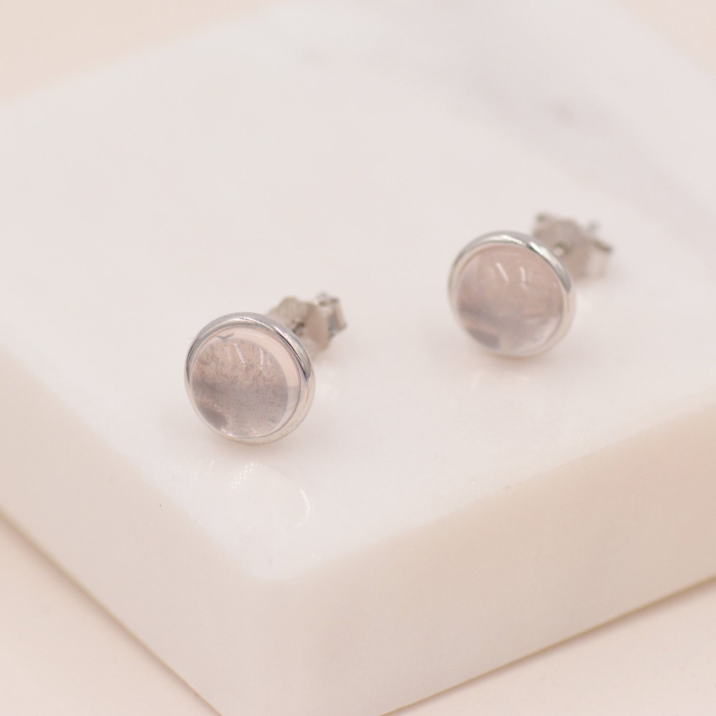 Sterling Silver Natural Quartz Crystal Stud Earrings, 6mm Rose Quartz Stud, Natural Semi-Precious Gemstones