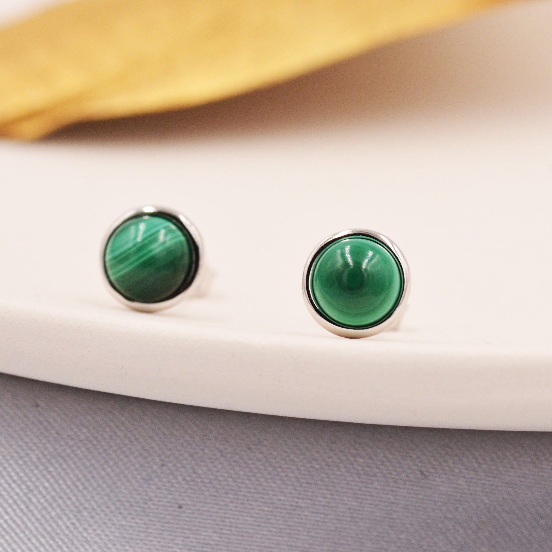 Natural Malachite Stone Stud Earrings in Sterling Silver - 5mm Genuine Malachite Stud Earrings - Semi Precious Gemstone