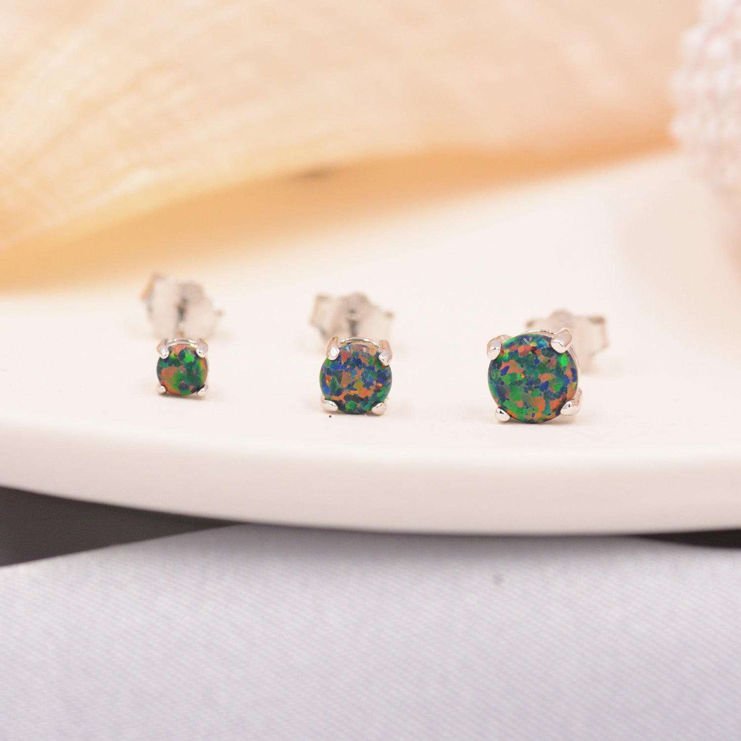 Black Opal Stud Earrings in Sterling Silver - 3 sizes 3mm 4mm 5mm - Lab Opal Stud Earrings - Semi Precious Gemstone