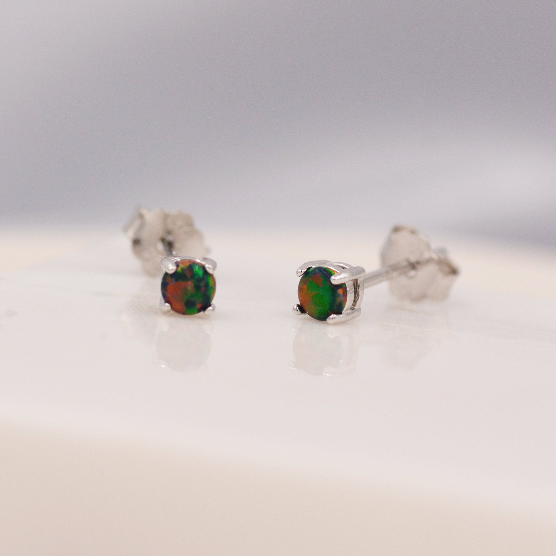 Black Opal Stud Earrings in Sterling Silver - 3 sizes 3mm 4mm 5mm - Lab Opal Stud Earrings - Semi Precious Gemstone