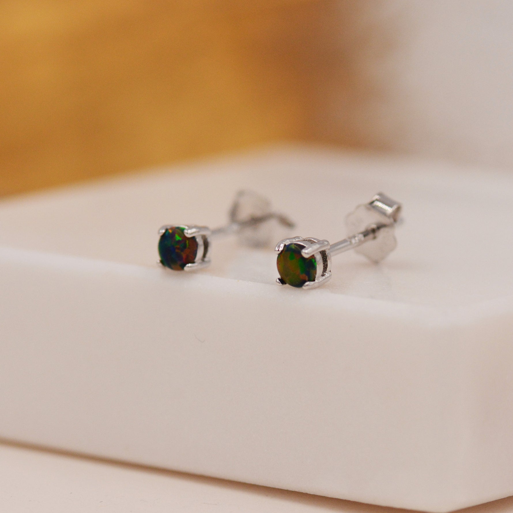 Black Opal Stud Earrings in Sterling Silver - 3 sizes 3mm 4mm 5mm - Lab Opal Stud Earrings - Semi Precious Gemstone