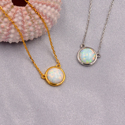 Sterling Silver White Opal Dainty Coin Pendant Necklace - Gold Over Sterling Silver - Delicate Crystal Coin Necklace