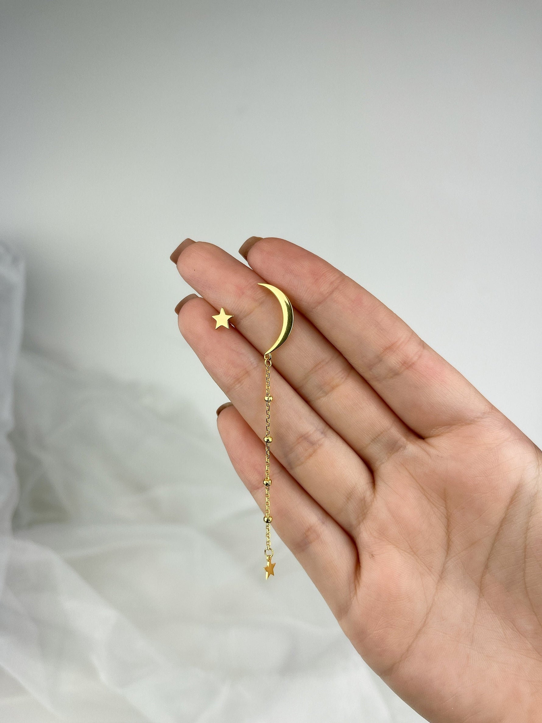 Sterling Silver Asymmetric Moon and Star Long Stud Earrings - - Silver or Gold - Drop Dangling Earrings - Cute Fun and Quirky