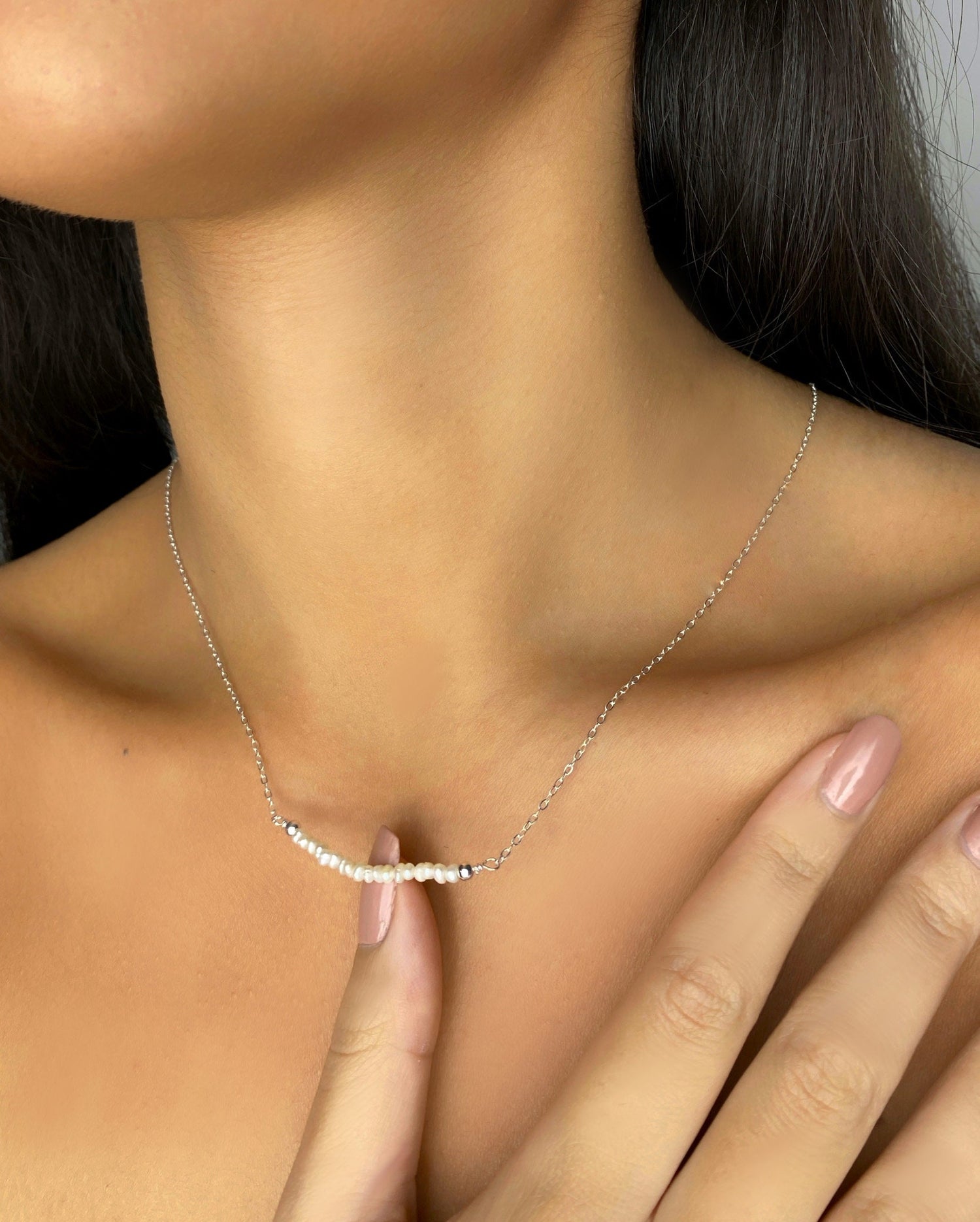 Baroque Pearl Bar Necklace in Sterling Silver, Delicate Keshi Pearl Layering Necklace, Tiny Delicate , Irregular Shape Fresh Water Pearl