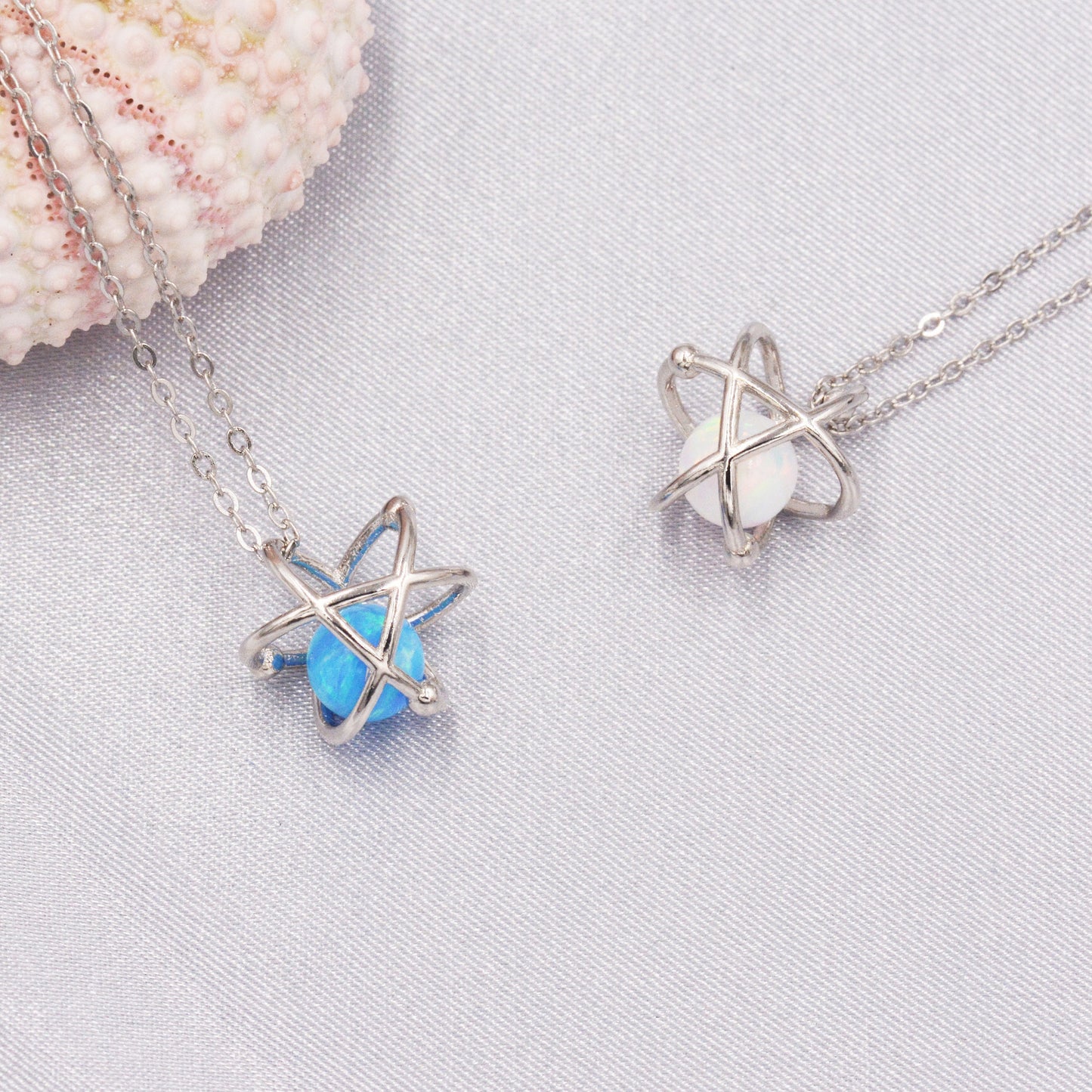 Sterling Silver Orbiting Atom Pendant Necklace with Lab Opal, White or Blue, Tiny and Delicate, Plant, Celestial, Space Jewellery