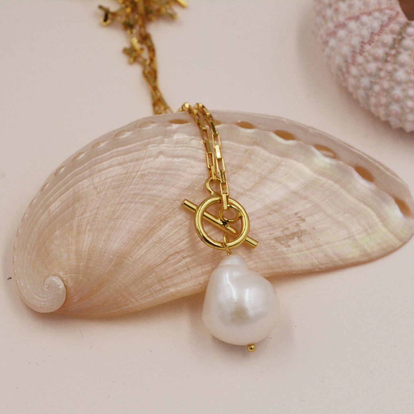 Sterling Silver Genuine Baroque Pearl T Bar Pendant Necklace - Gold Over Sterling Silver - Delicate Keshi Pearl Necklace, 20 Inch