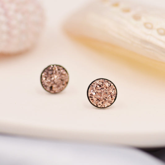 Sterling Silver Rose Gold Druzy Stud Earrings? 8mm Coin Earrings, Sparkly and Pretty - Rose Gold