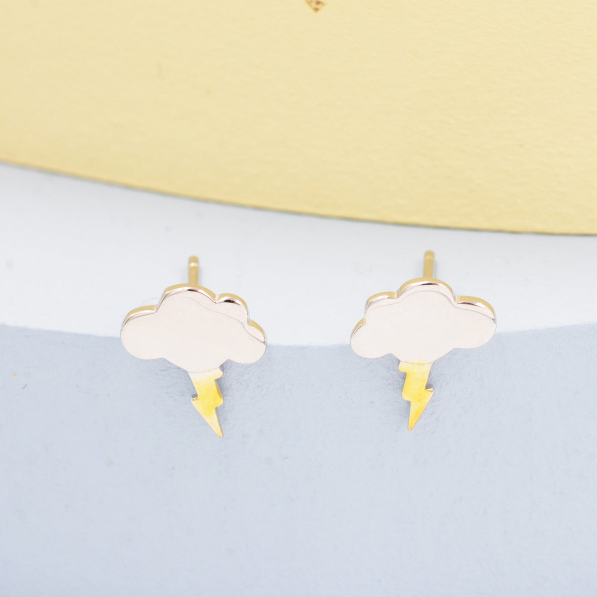 Dainty Little Cloud and Lightning Bolt Stud Earrings in Sterling Silver - Two Tone Gold and Silver Earrings - Fun, Whimsical