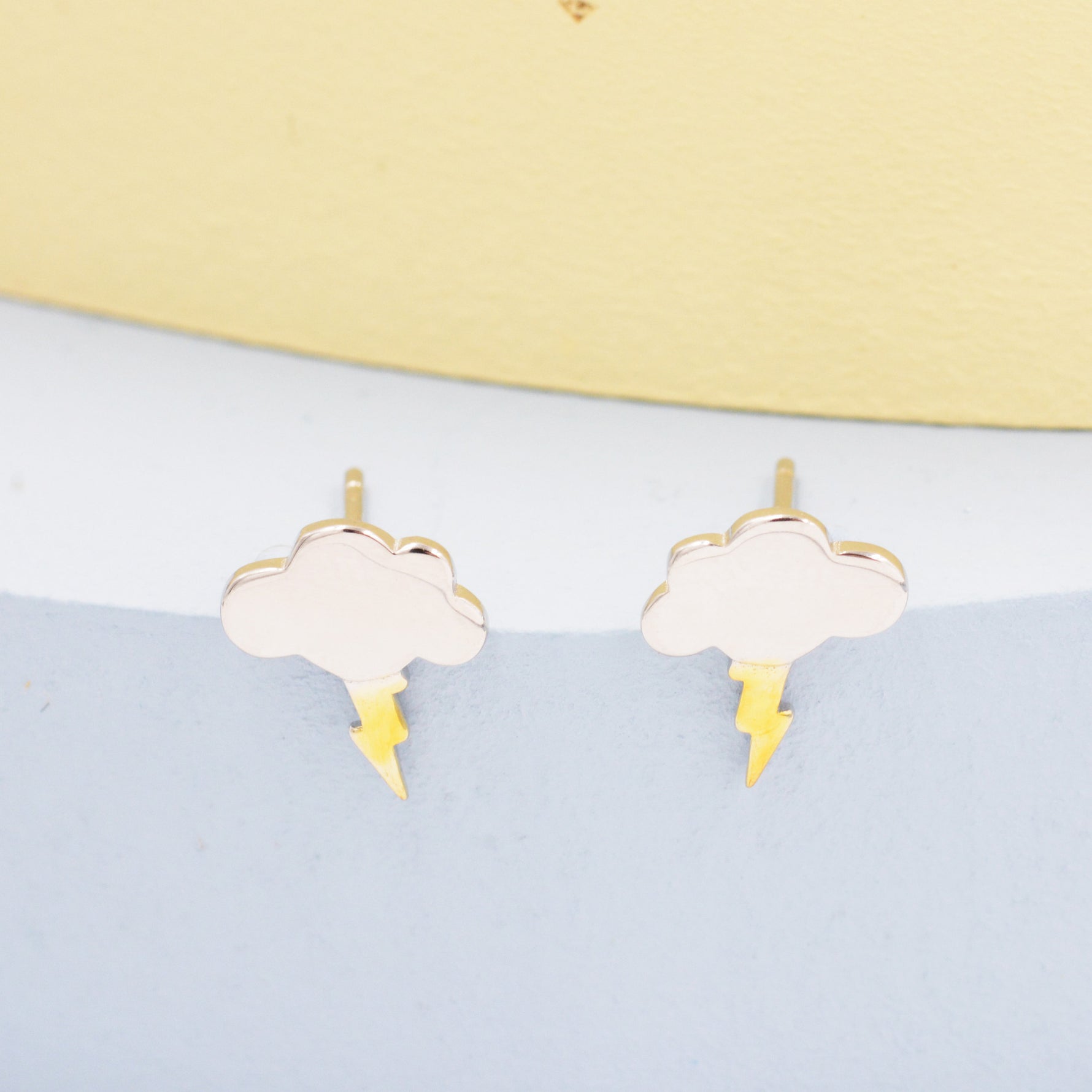 Dainty Little Cloud and Lightning Bolt Stud Earrings in Sterling Silver - Two Tone Gold and Silver Earrings - Fun, Whimsical