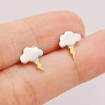 Dainty Little Cloud and Lightning Bolt Stud Earrings in Sterling Silver - Two Tone Gold and Silver Earrings - Fun, Whimsical