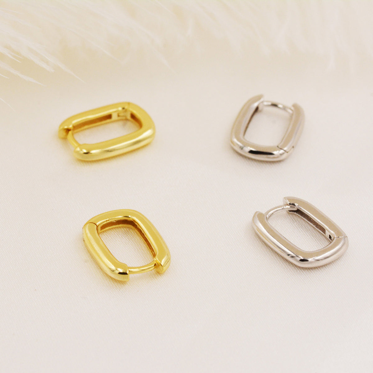 Pair of Small Rectangular Hoop Earrings in Sterling Silver, Oval Hoop Earrings, Chunky Hoop Earrings, Silver or Gold, Square Hoop Earrings