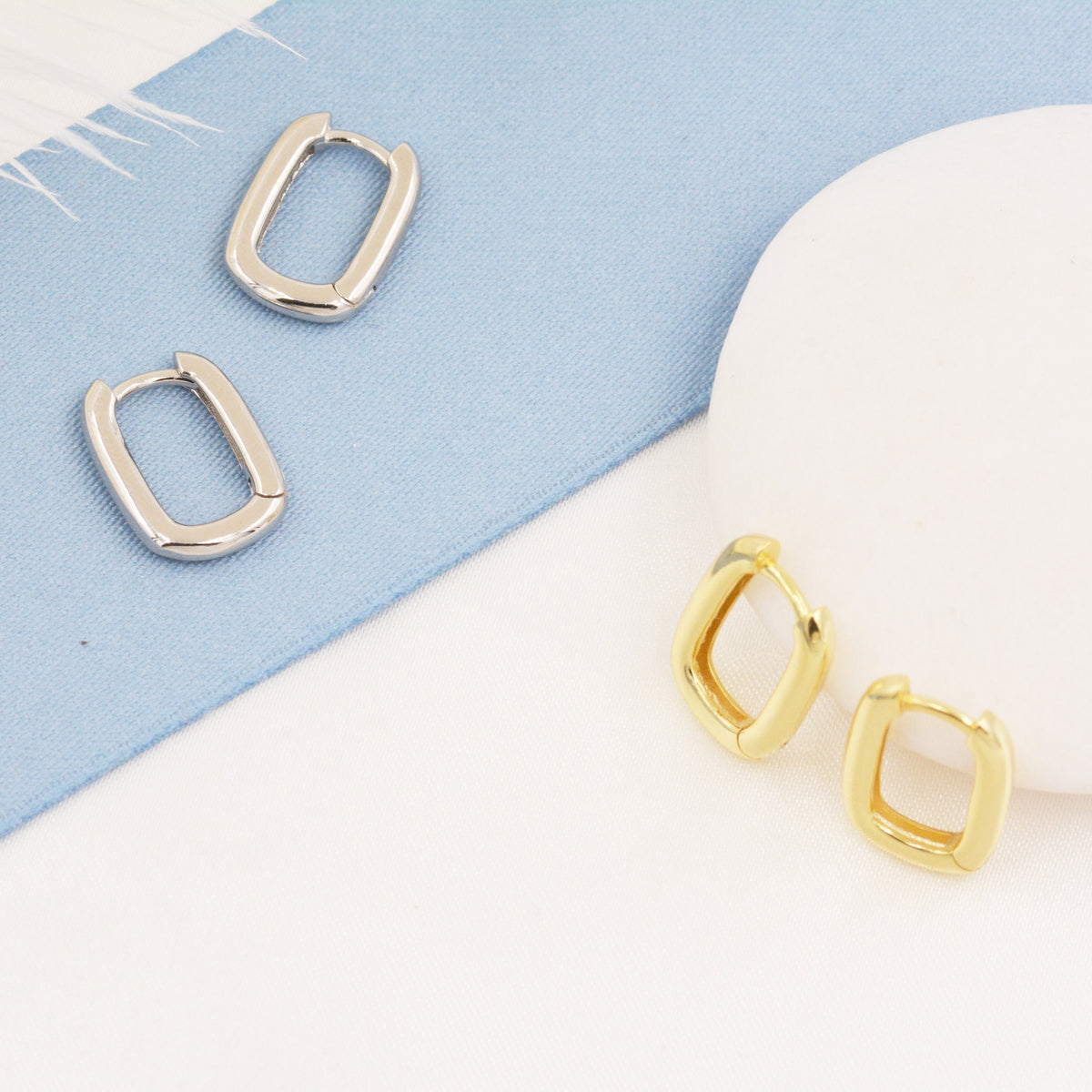 Pair of Small Rectangular Hoop Earrings in Sterling Silver, Oval Hoop Earrings, Chunky Hoop Earrings, Silver or Gold, Square Hoop Earrings