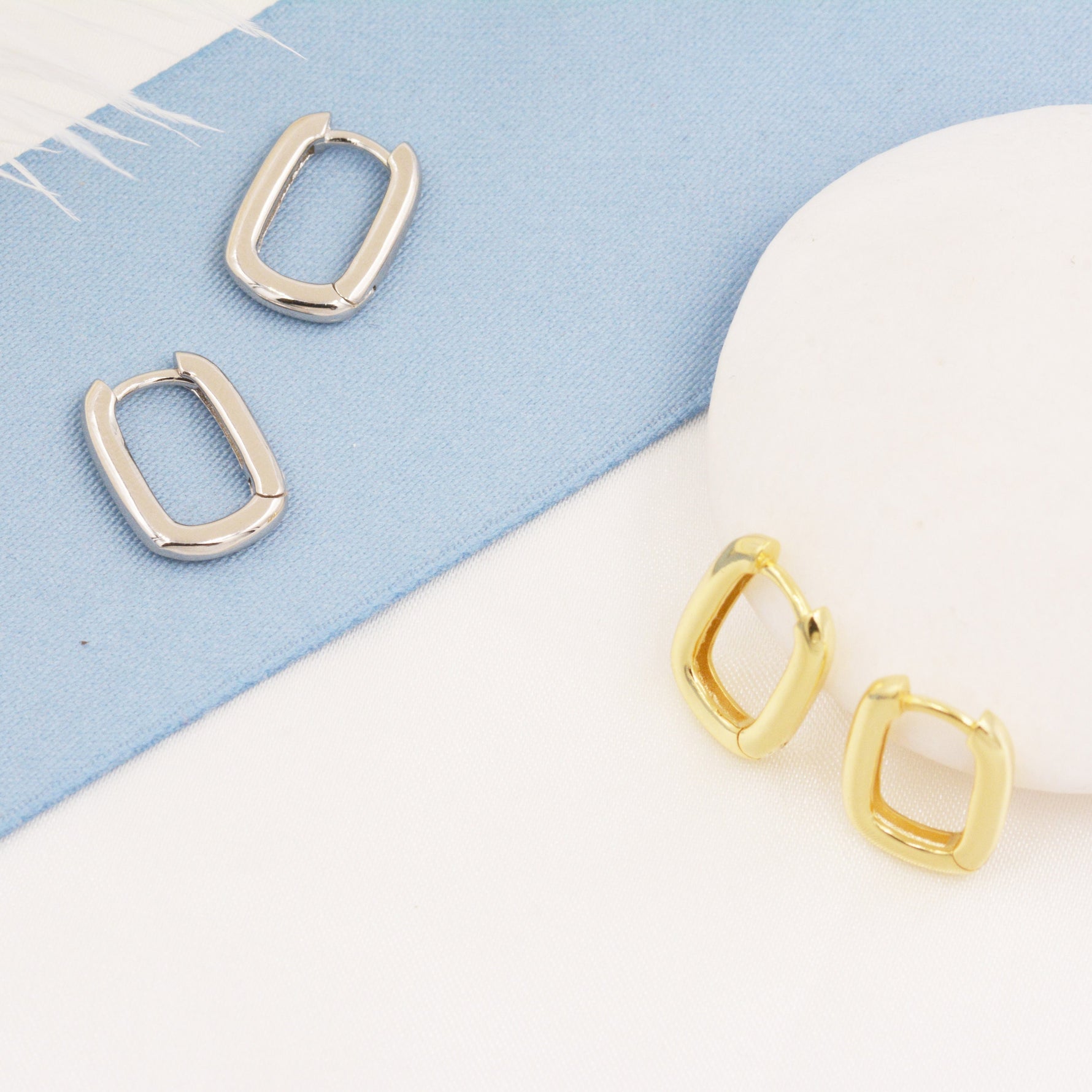 Pair of Small Rectangular Hoop Earrings in Sterling Silver, Oval Hoop Earrings, Chunky Hoop Earrings, Silver or Gold, Square Hoop Earrings